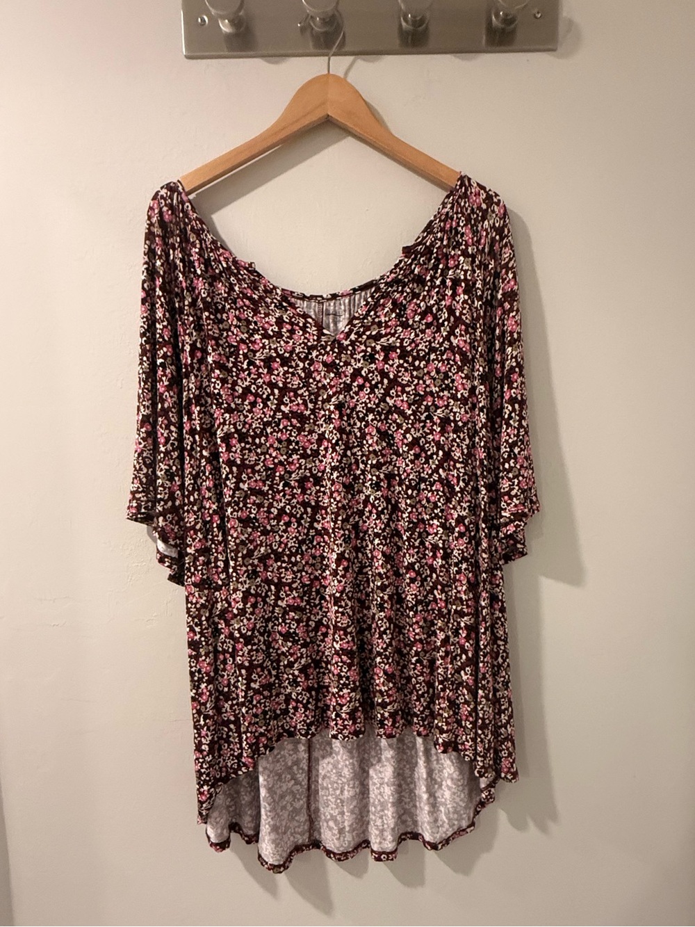 Lane Bryant Black Floral V-Neck Tunic with Pink Blossoms